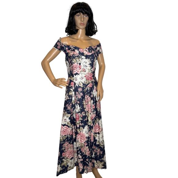 1990s Laura Ashley Floral Off-Shoulder Open Back Fit Flare Maxi navy Dress small - Picture 3 of 14